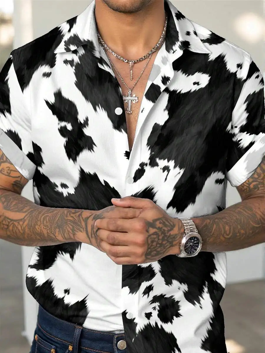Men's Casual Western-Style Cow Print Button-Front Short Sleeve Shirt for Summer