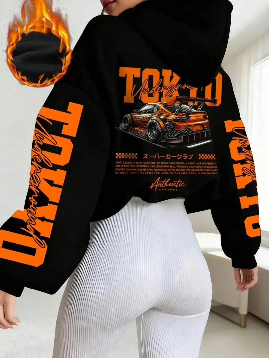 Women's Cropped Hoodie with Bold Letter & Race Car Graphic Print, Loose Fit, Winter Warm