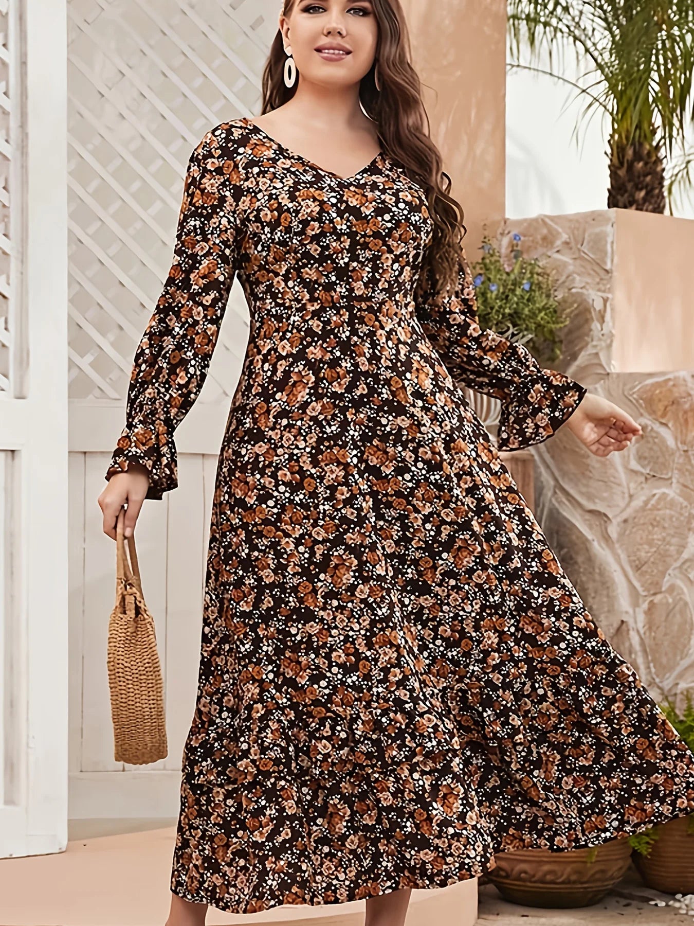 Plus Size Women's Clothing European and American Style Plus Size Fashion Elastic Waist Small Floral Print Dress