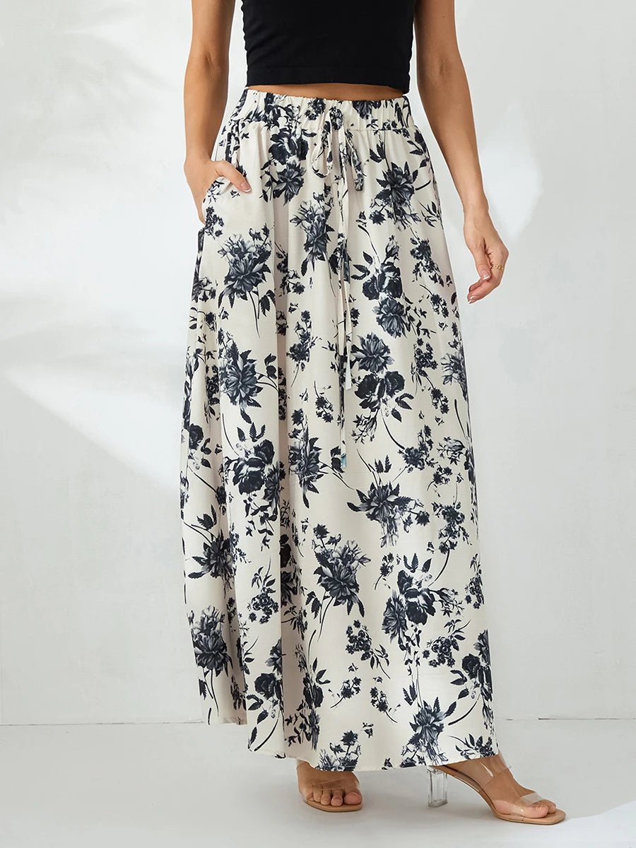Women Long Skirt Elegant High Waisted Skirt Solid Flower Print Summer Swing Skirt