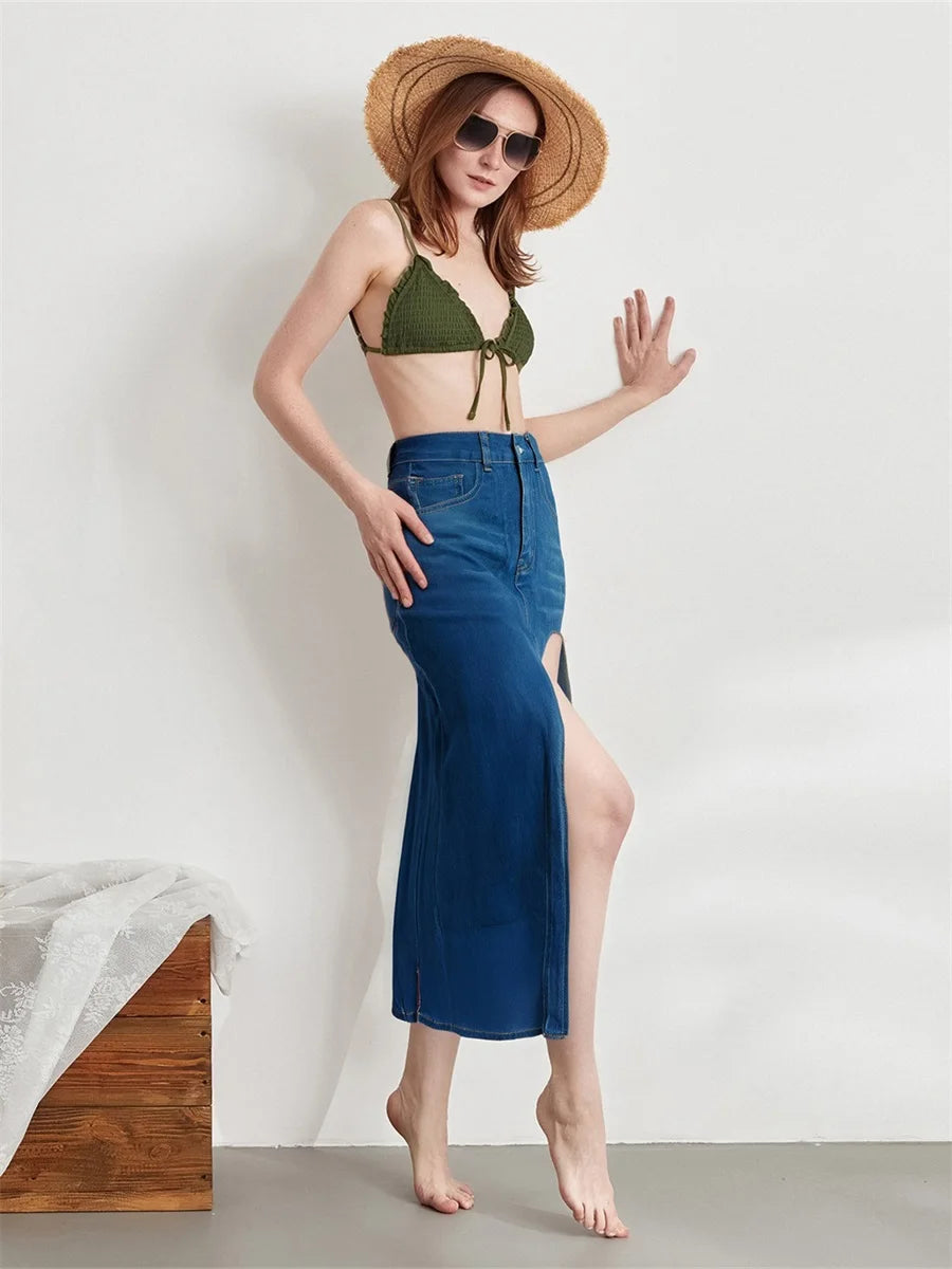 Women s Distressed Denim Skirt with Frayed Hem High Waist Pencil Long Jean Skirt Casual Streetwear for Summer and Spring