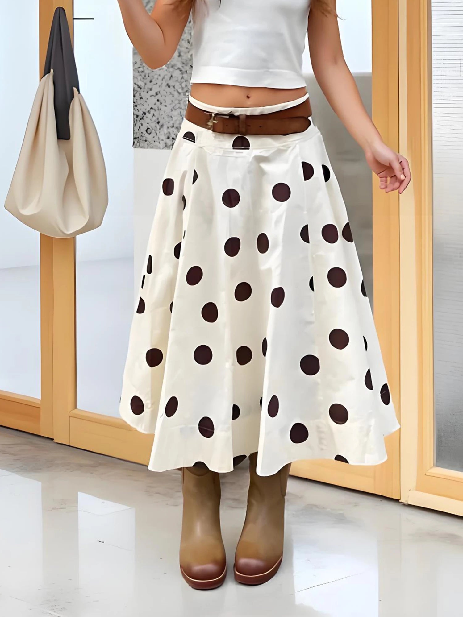 Women White A-Line Skirt Dots Print High Waist Midi Skirt Elegant Swing Skirts for Daily Leisure and Work