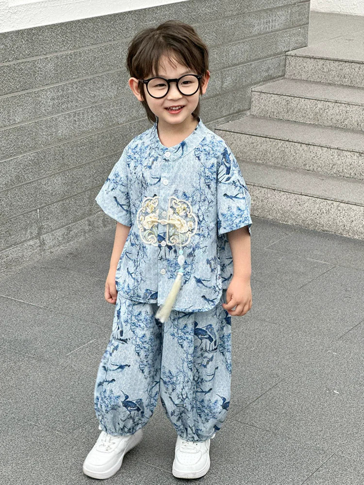 Summer Short Sleeve 2 Piece Set Boys Costume Kids Clothes Casual Boy Outfit Tang Style Hanfu Suit Baby Fashion Children's Sets