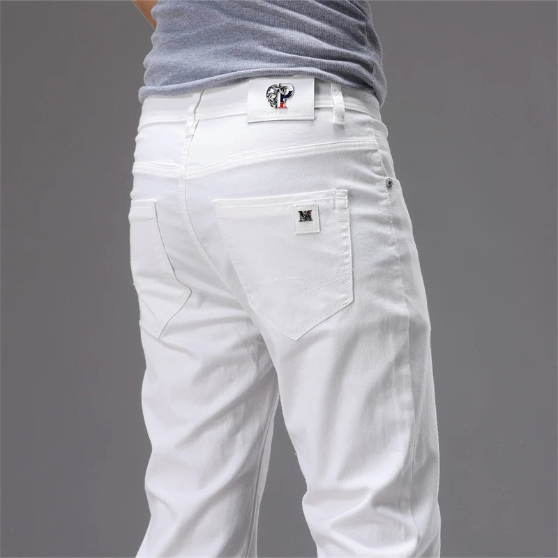 98% Cotton White Jeans Men's Fashion Korean Style Slim Straight Elastic Denim Pants Soft and Comfortable Spring Casual Trousers