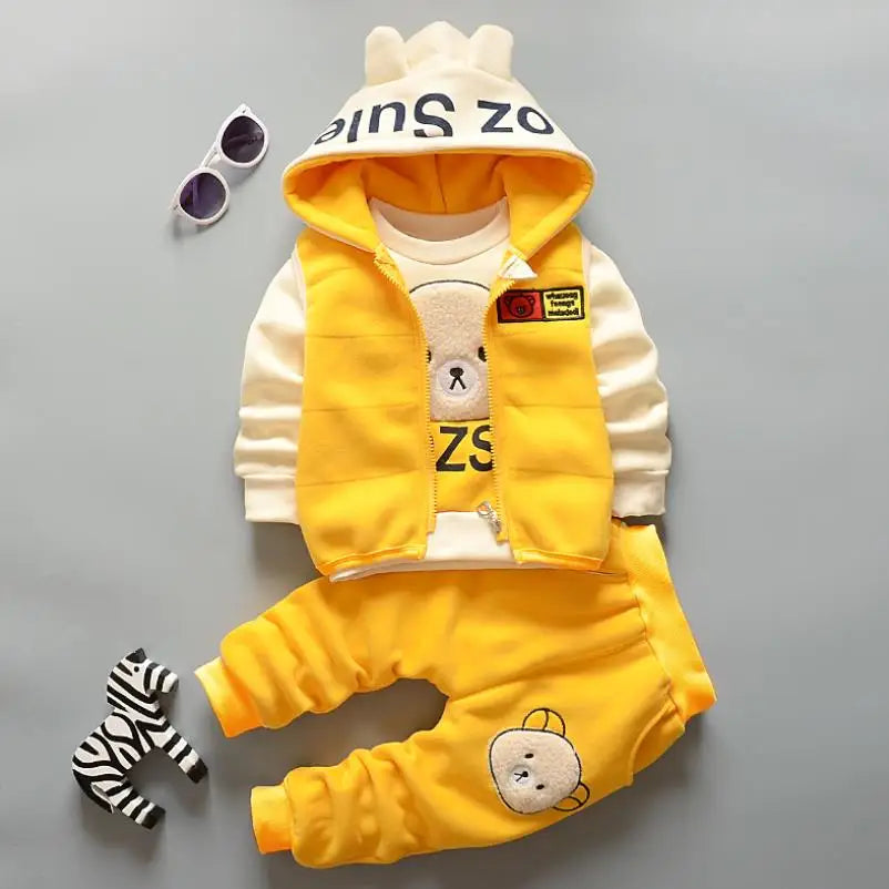 Baby Boys Sets Autumn Winter Thick Fleece Cartoon Bear Hooded Vest Coat Pants 3Pcs for Kids Casual Outfits Girls Warm Suit 0-5Y