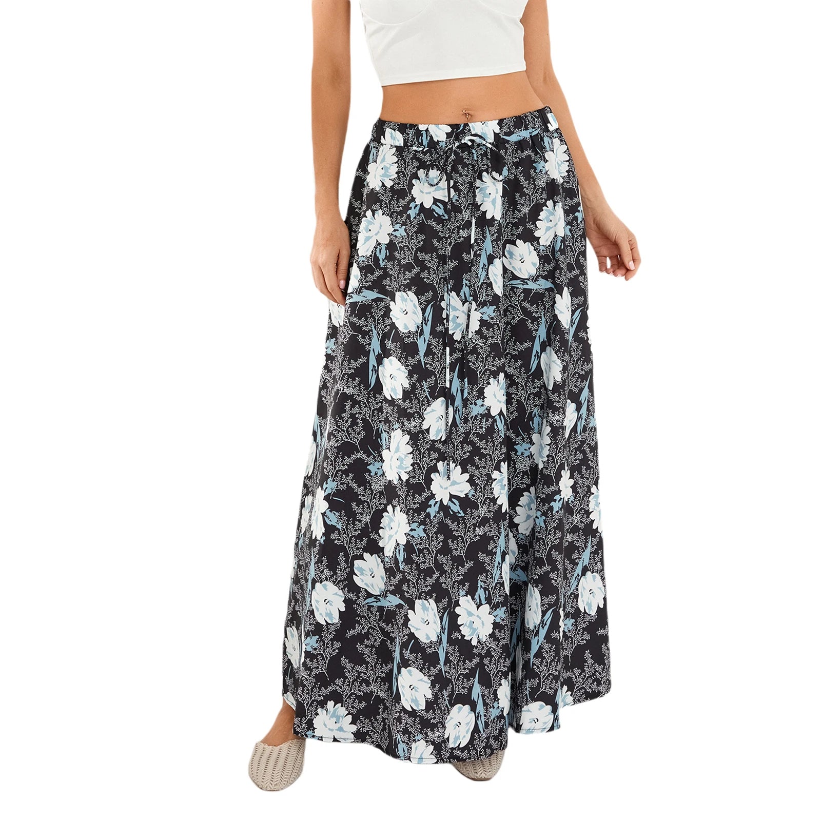 Women Long Skirt Elegant High Waisted Skirt Solid Flower Print Summer Swing Skirt