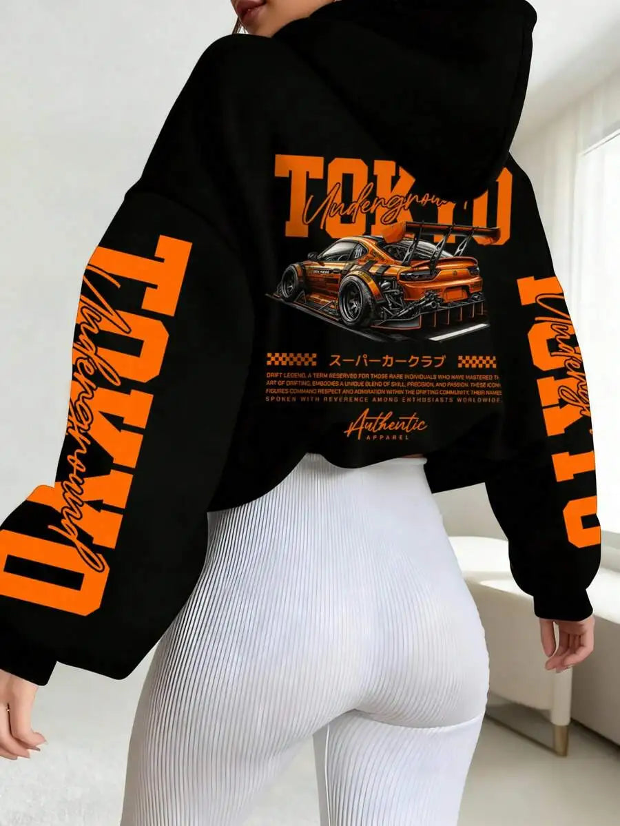 Women's Cropped Hoodie with Bold Letter & Race Car Graphic Print, Loose Fit, Winter Warm