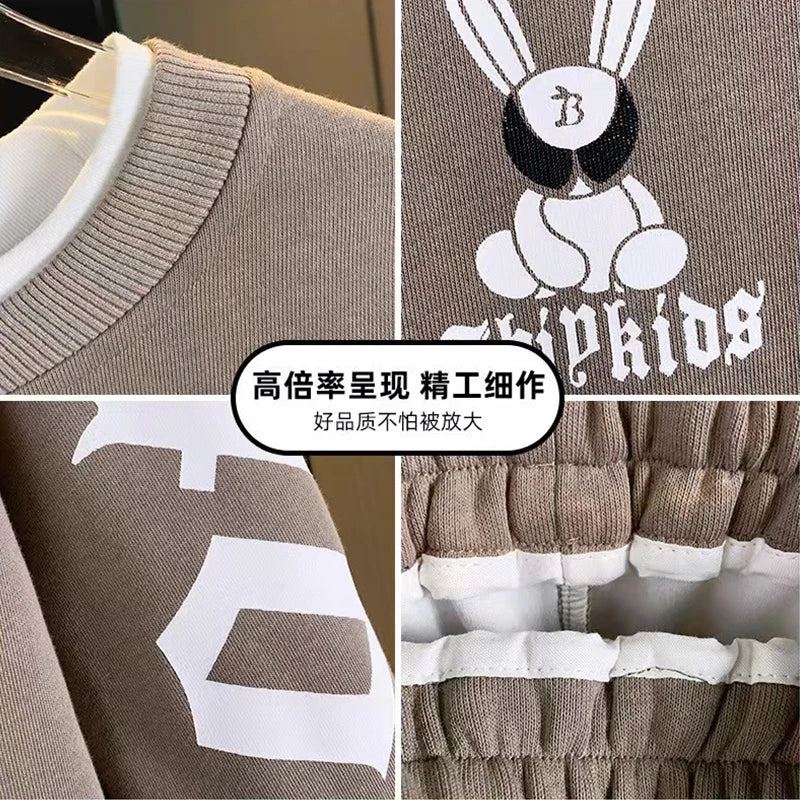 Kids 2 Piece Tracksuit 120-170cm Fake Two Piece Rabbit Print Sweatshirt + Elastic Jogger Pants Casual Loose Sportswear Set Boys