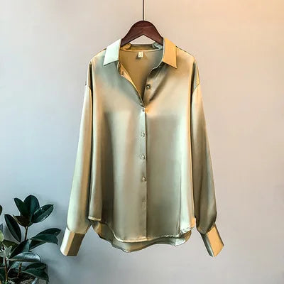 1pcs Woman Spring Autumn Satin Shirt Lady Long Sleeve Lapel Blouses Cardigans Elegance Sweet Casual Coats Girl Sunscreen Top