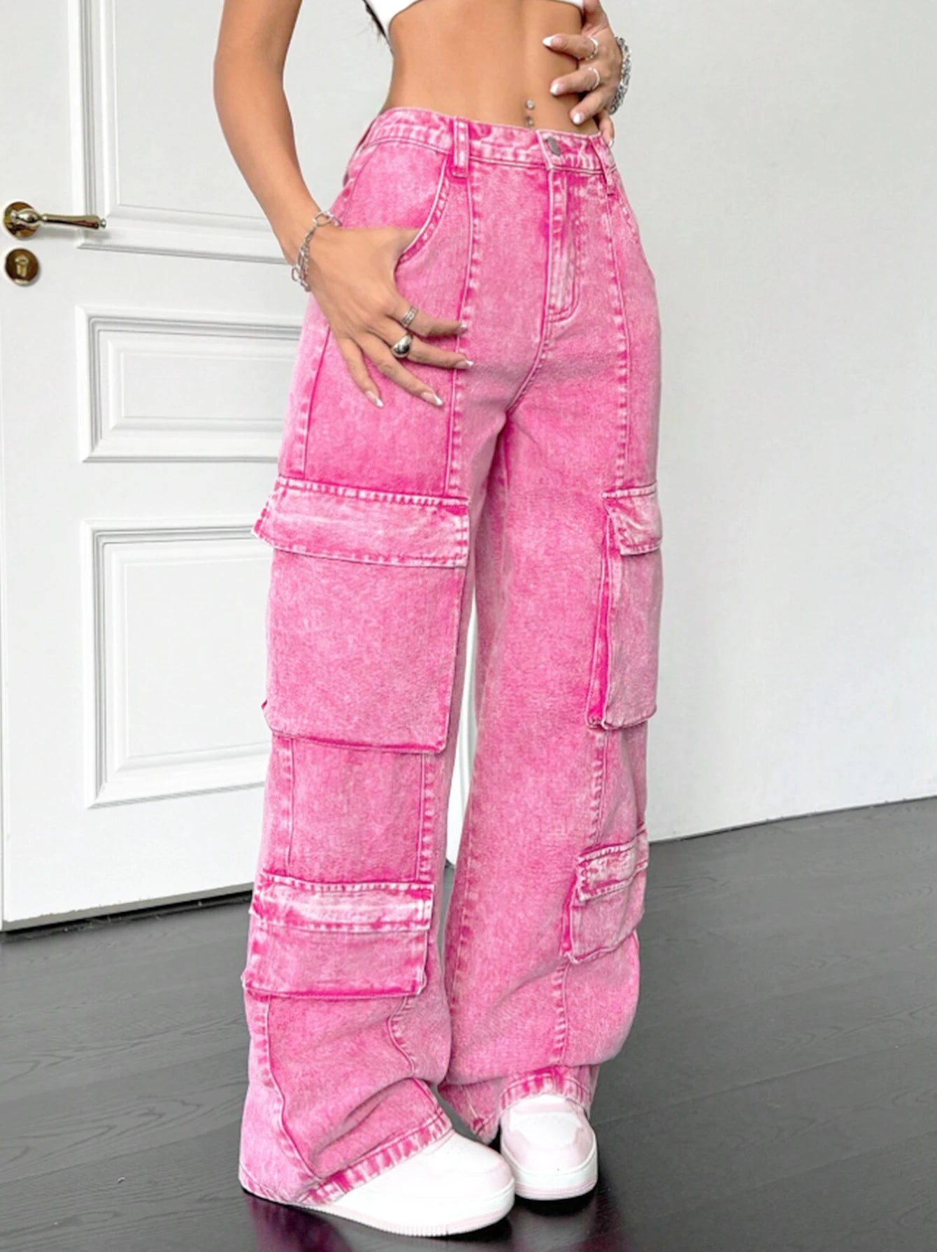 Pink cotton women's wide-leg loose-fitting jeans, multi-pocket Y2K style pink fashionable jeans