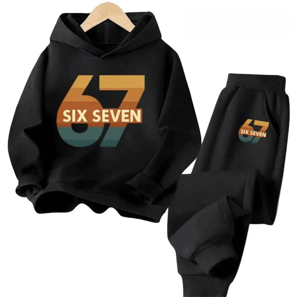 New 67 pattern printed hooded sweatshirt with sweatpants for autumn and winter, comfortable and loose 2-piece set for children