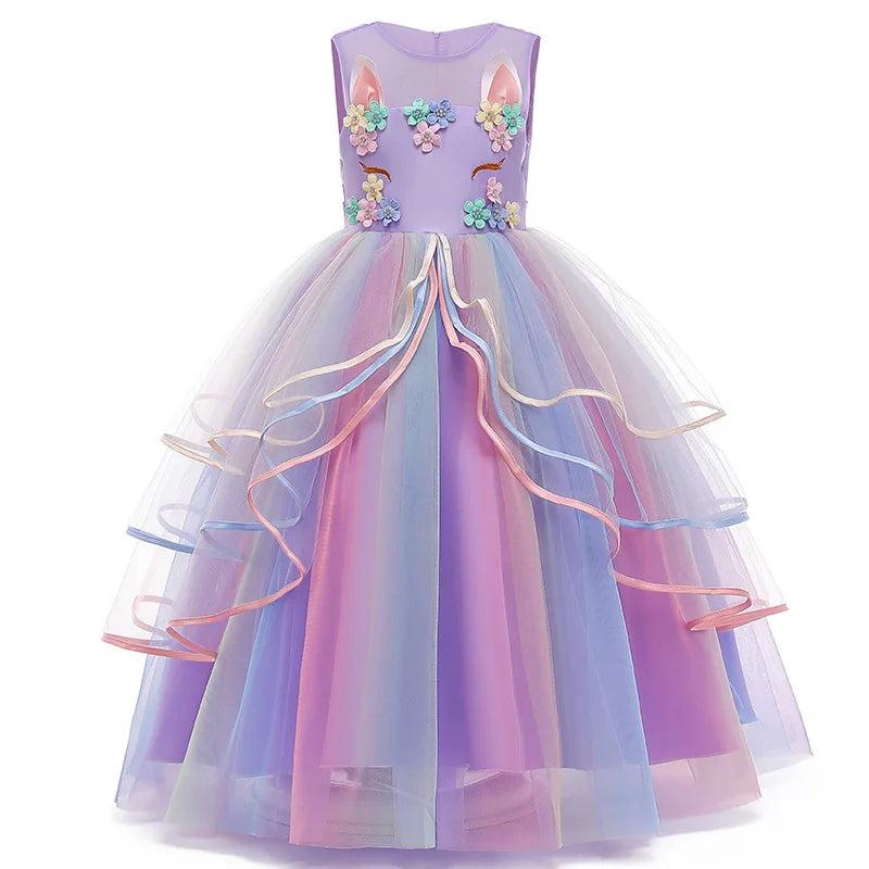 Kids Elegant Evening Dress For Carnival Girls Party Dresses Gown Children's Birthday Dress Bowknot Colorful Girl Princess Dress