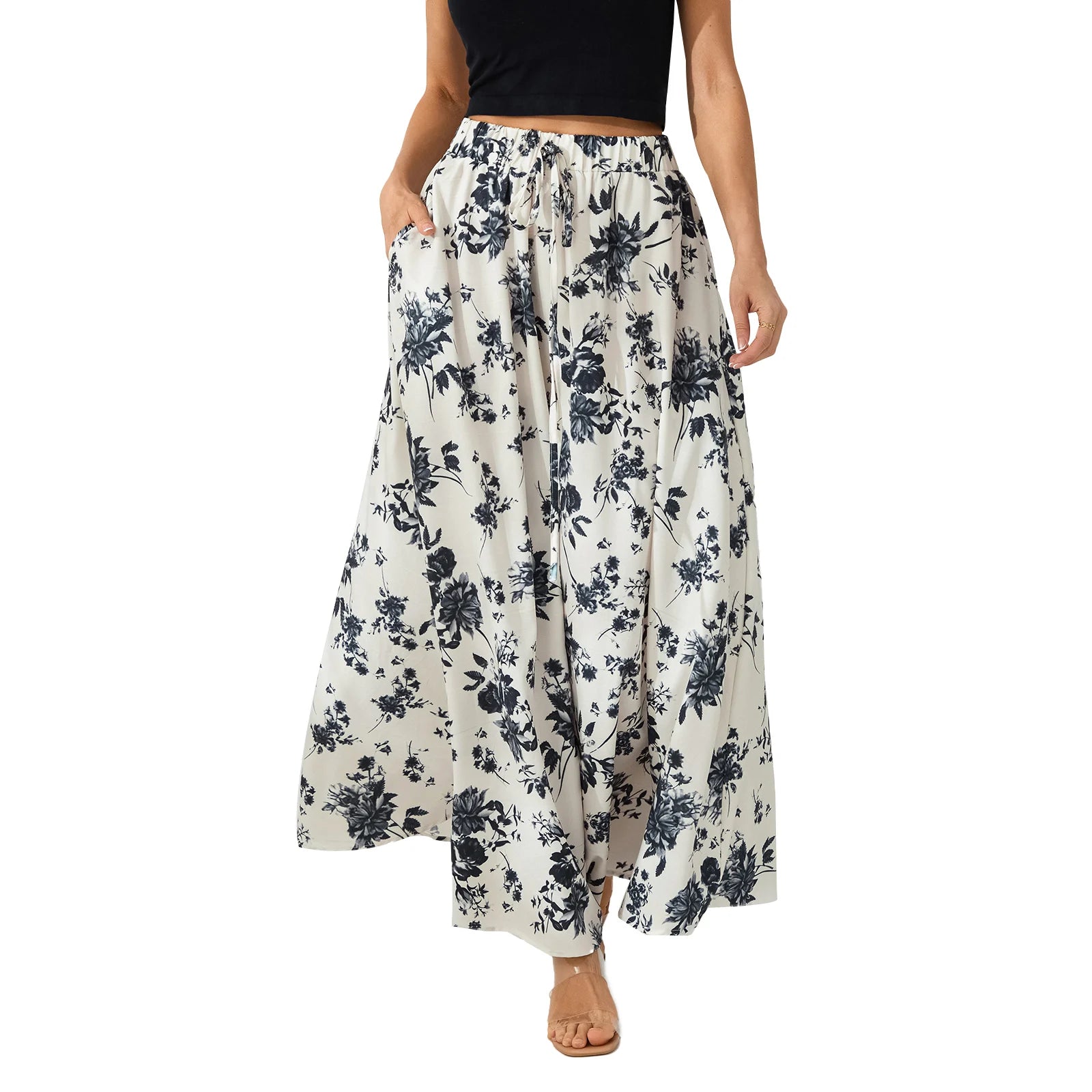 Women Long Skirt Elegant High Waisted Skirt Solid Flower Print Summer Swing Skirt