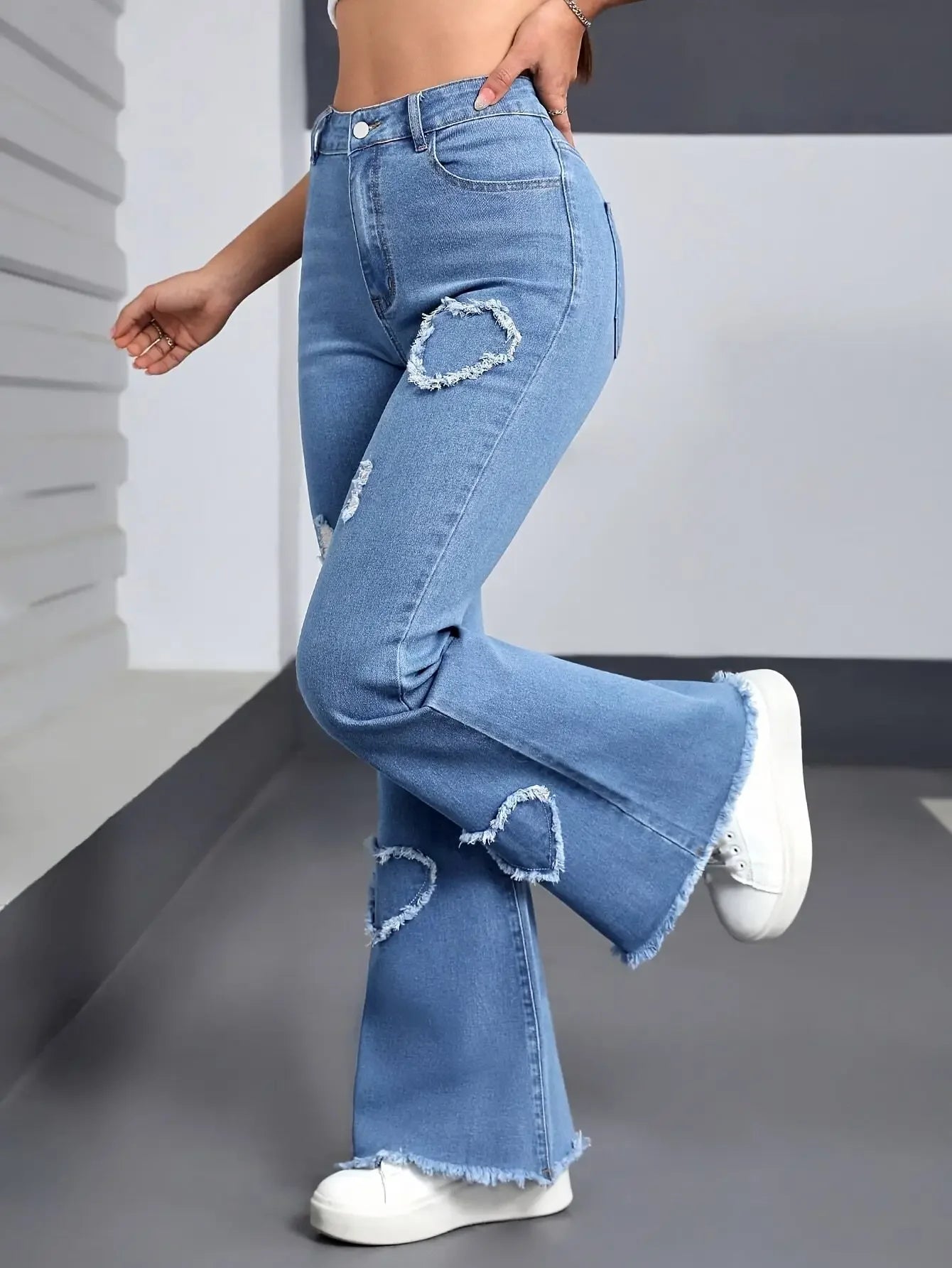 Y2K Blue Stretchy Heart Shaped Flared Jeans High Waist Retro Fashion Trendy Elastic Trousers for Women
