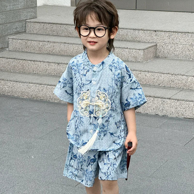 Summer Short Sleeve 2 Piece Set Boys Costume Kids Clothes Casual Boy Outfit Tang Style Hanfu Suit Baby Fashion Children's Sets