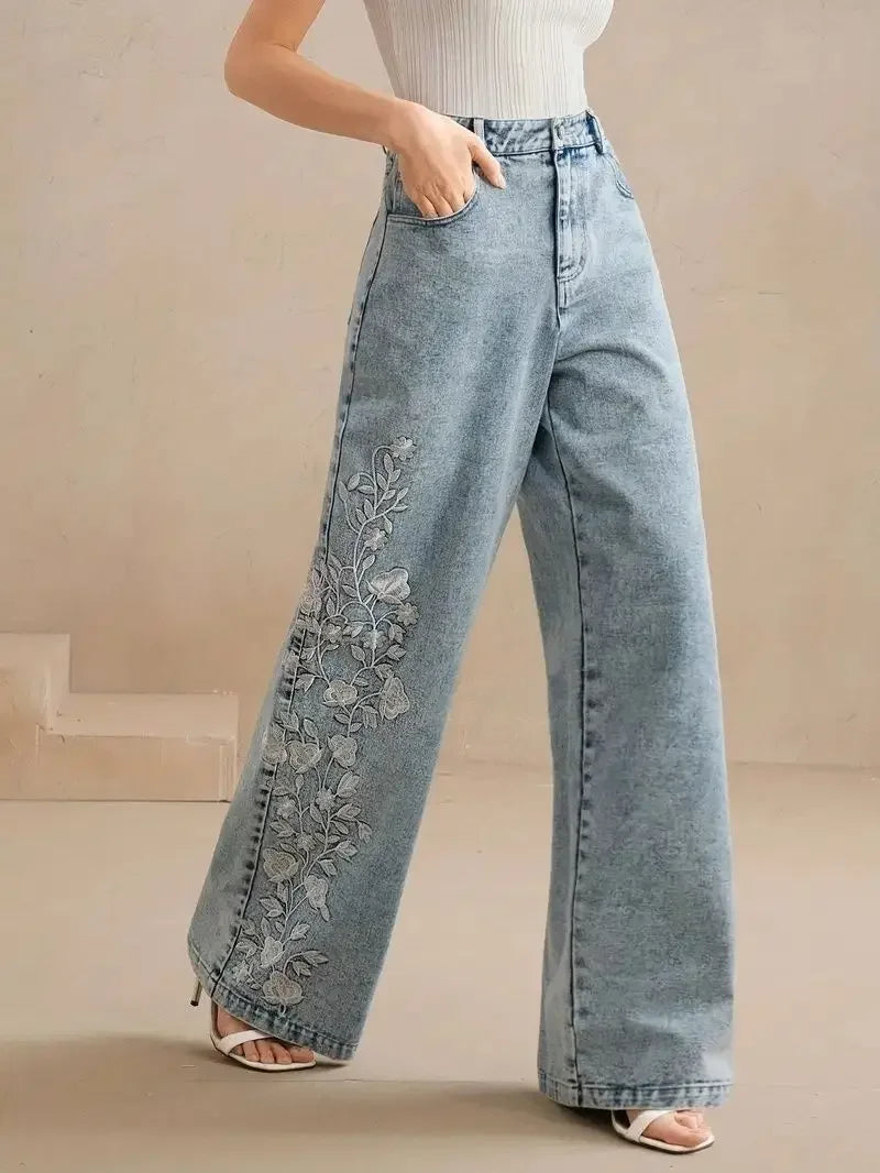 Women's plus Size Y2K Straight Leg Jeans Trendy Stretch Washed Denim Embroidery Design Comfortable Fashion