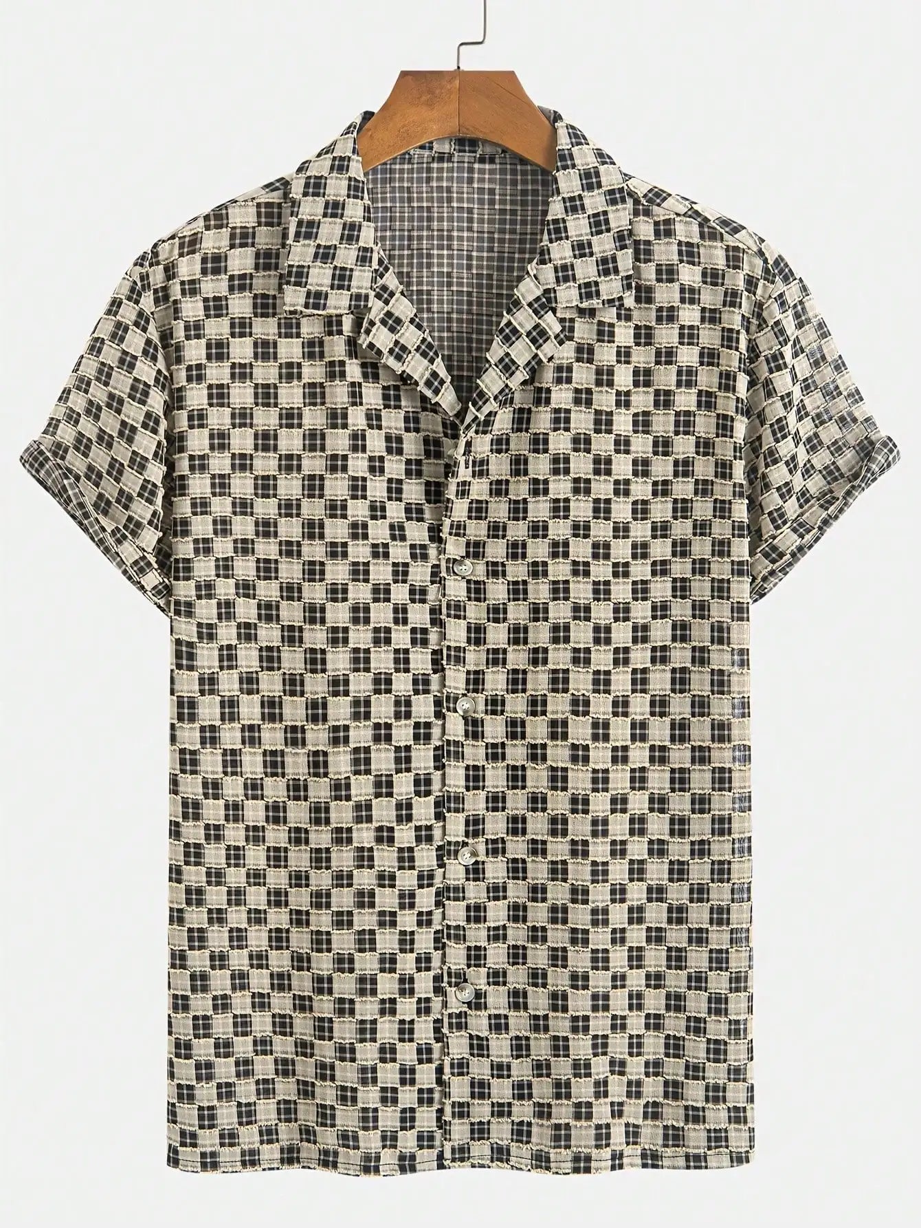 Men's Short Sleeve Open-Front Checkered Casual Shirt, Lightweight Summer Wear