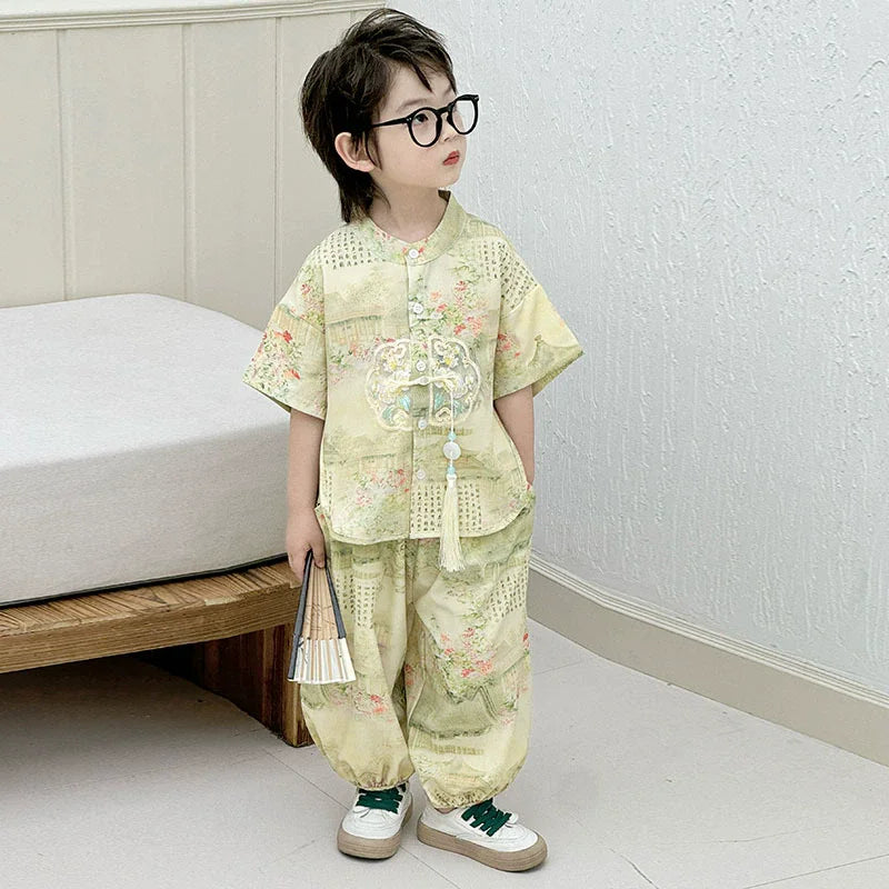 Summer Short Sleeve 2 Piece Set Boys Costume Kids Clothes Casual Boy Outfit Tang Style Hanfu Suit Baby Fashion Children's Sets