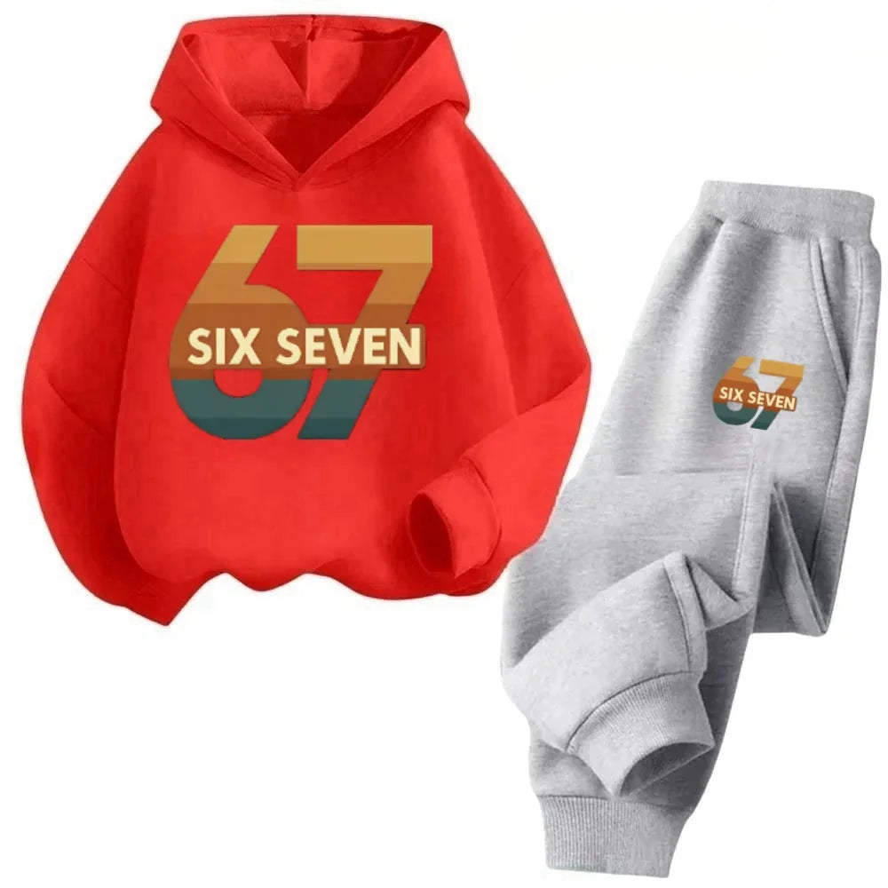 New 67 pattern printed hooded sweatshirt with sweatpants for autumn and winter, comfortable and loose 2-piece set for children