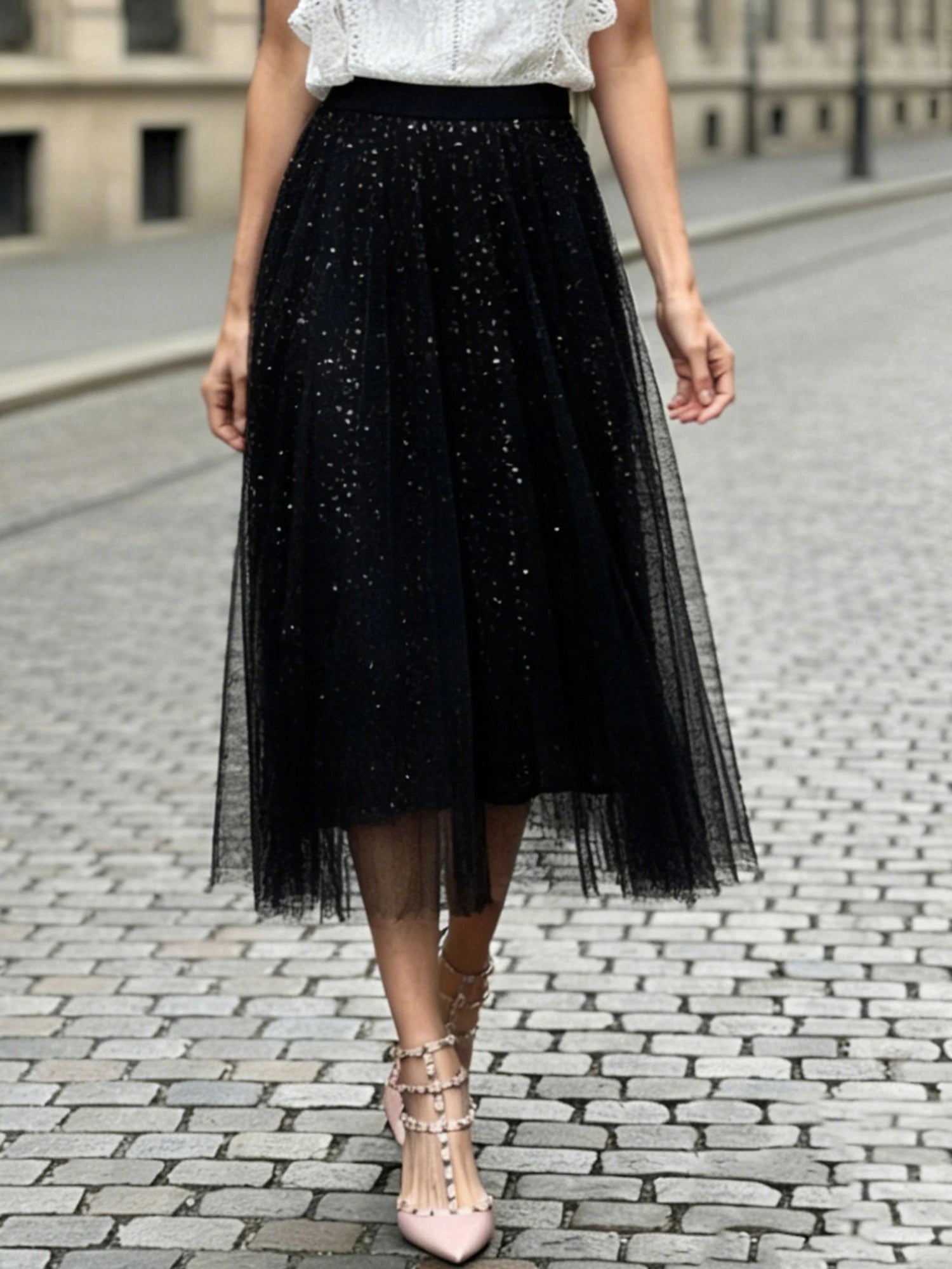 Elegant Sequin Embellished Knee-Length Mesh Skirt with Stretchy Waistband Perfect for Work Events and Nights Out