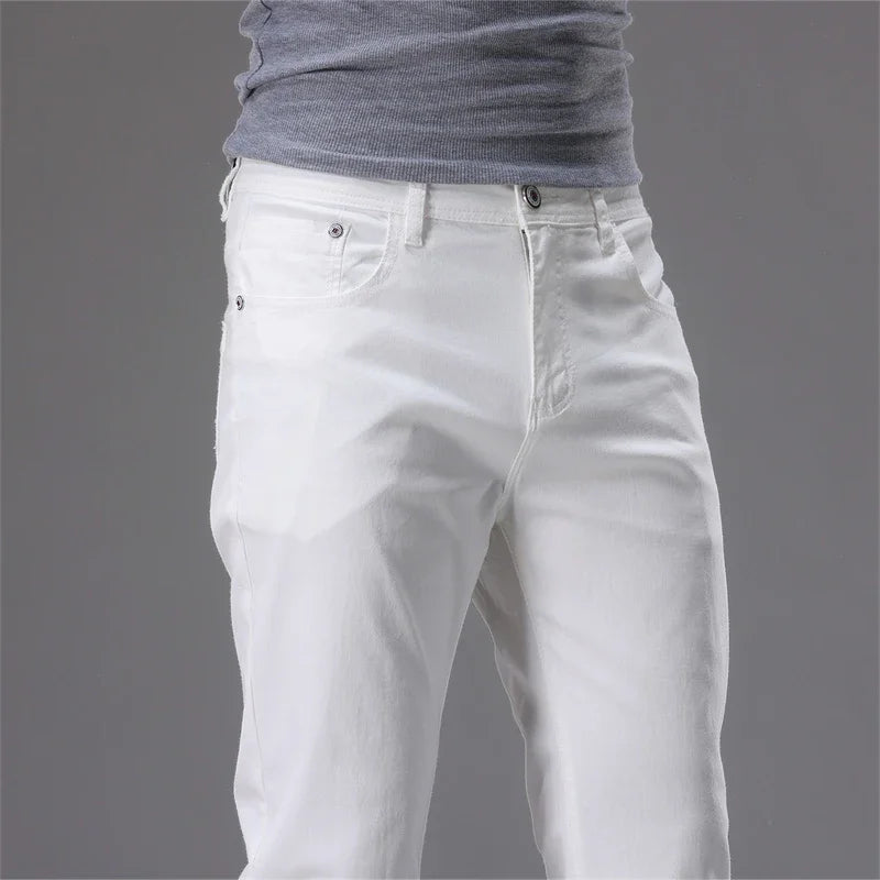 98% Cotton White Jeans Men's Fashion Korean Style Slim Straight Elastic Denim Pants Soft and Comfortable Spring Casual Trousers