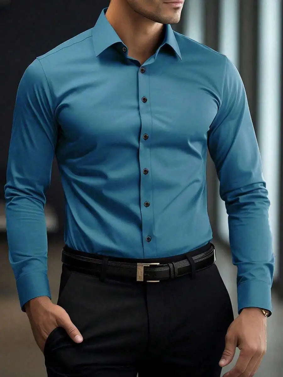 Men's Solid White Long Sleeve Single-Breasted Casual Commuter Shirt