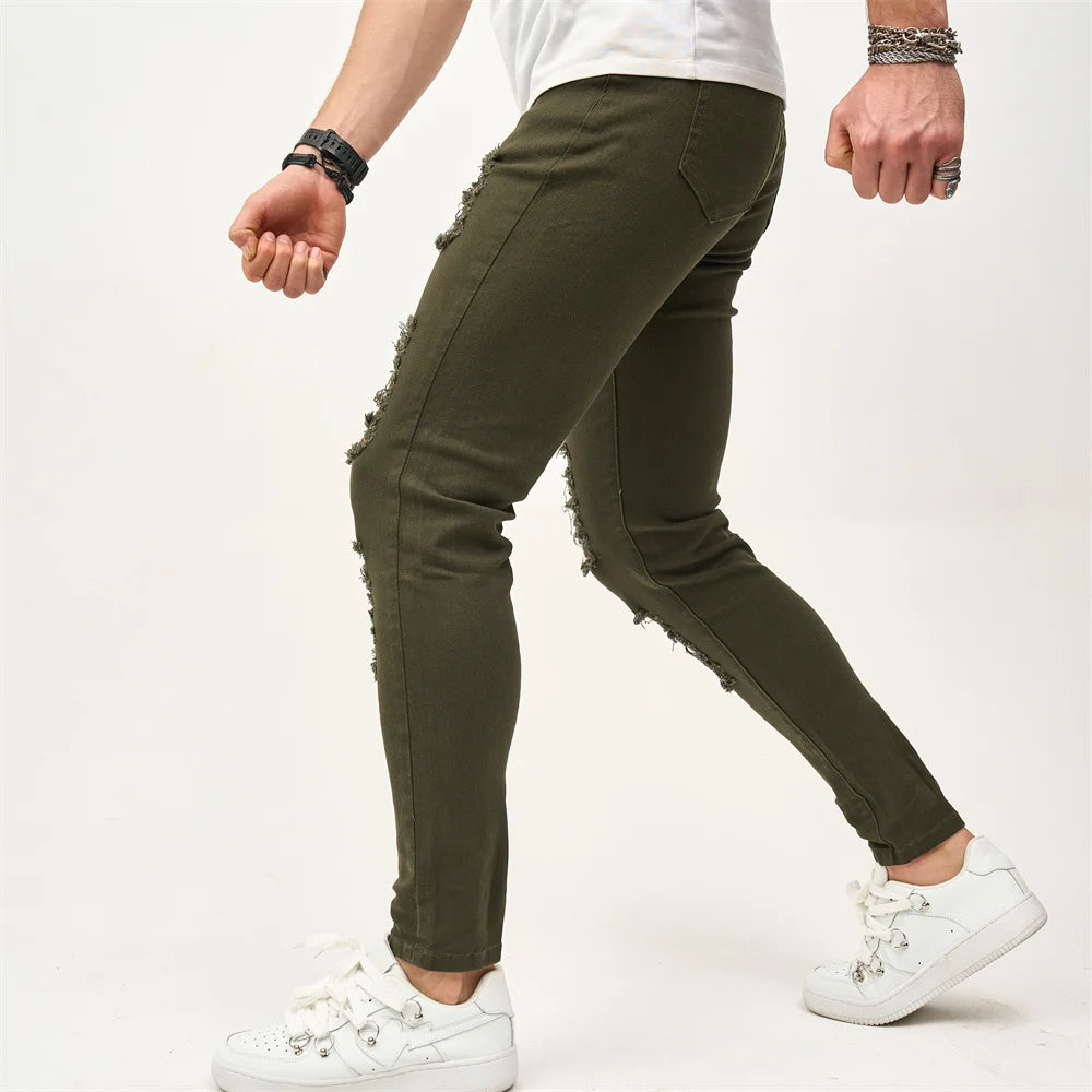 Street style Men Skinny Holes Beggar Jeans Good Quality Men's Distressed Stretch Slim Jogging Pencil Denim Pants Male Trousers