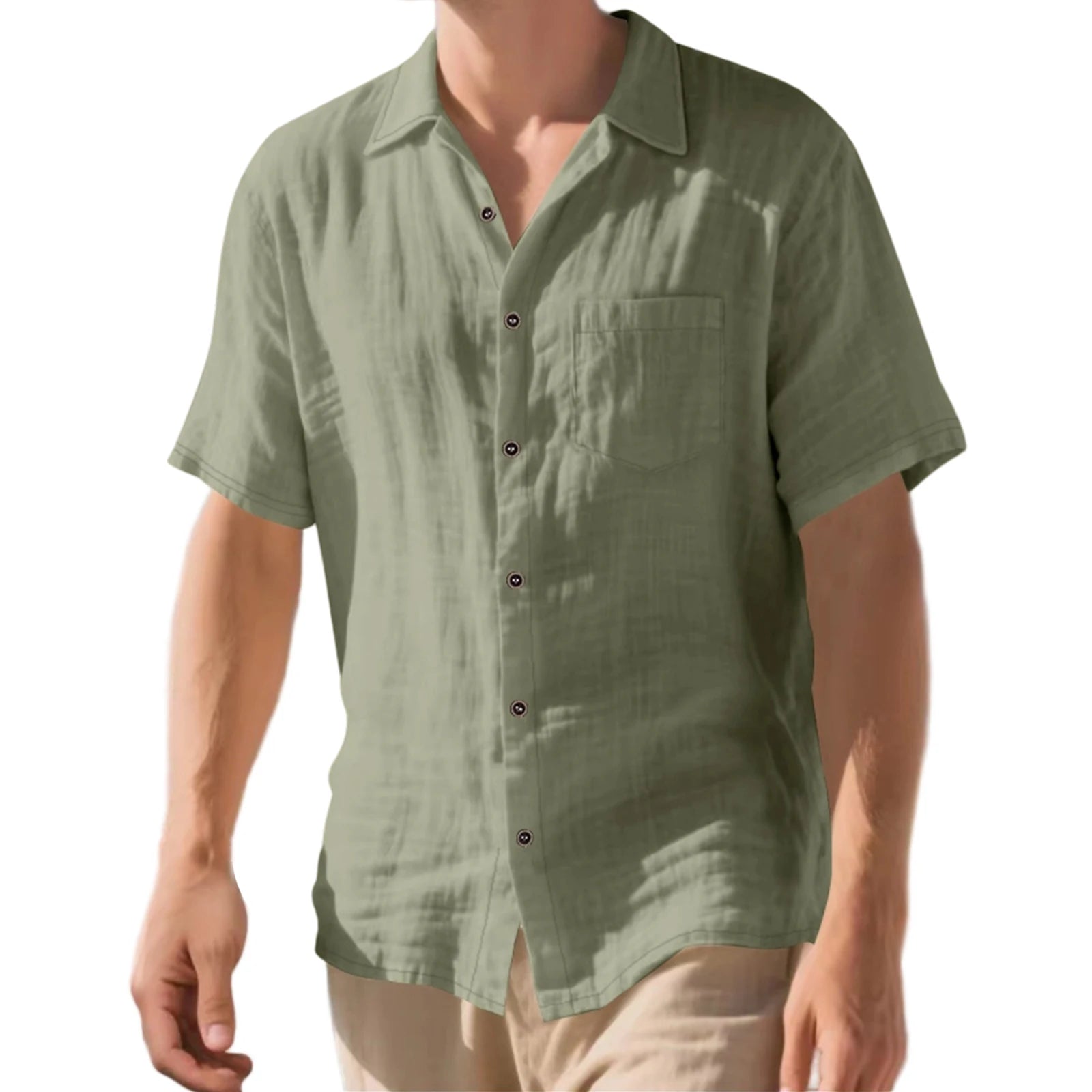 Men s Lightweight Linen Short Sleeve Button-Down Shirt Casual Solid Color Breathable Summer Tops Loose Fit Lapel Collar