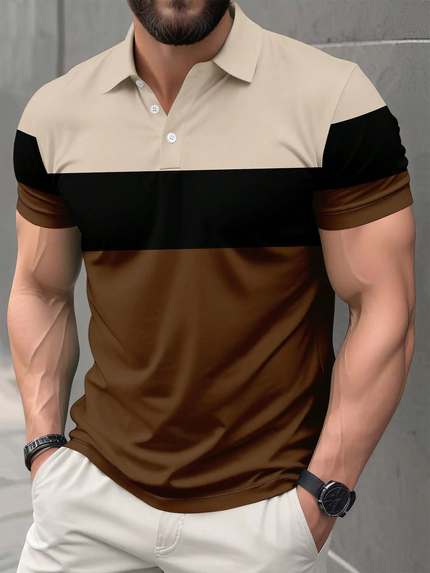 Men's Color-Block Short Sleeve Polo Shirt - Beige, Black & Brown, Casual Summer Wear