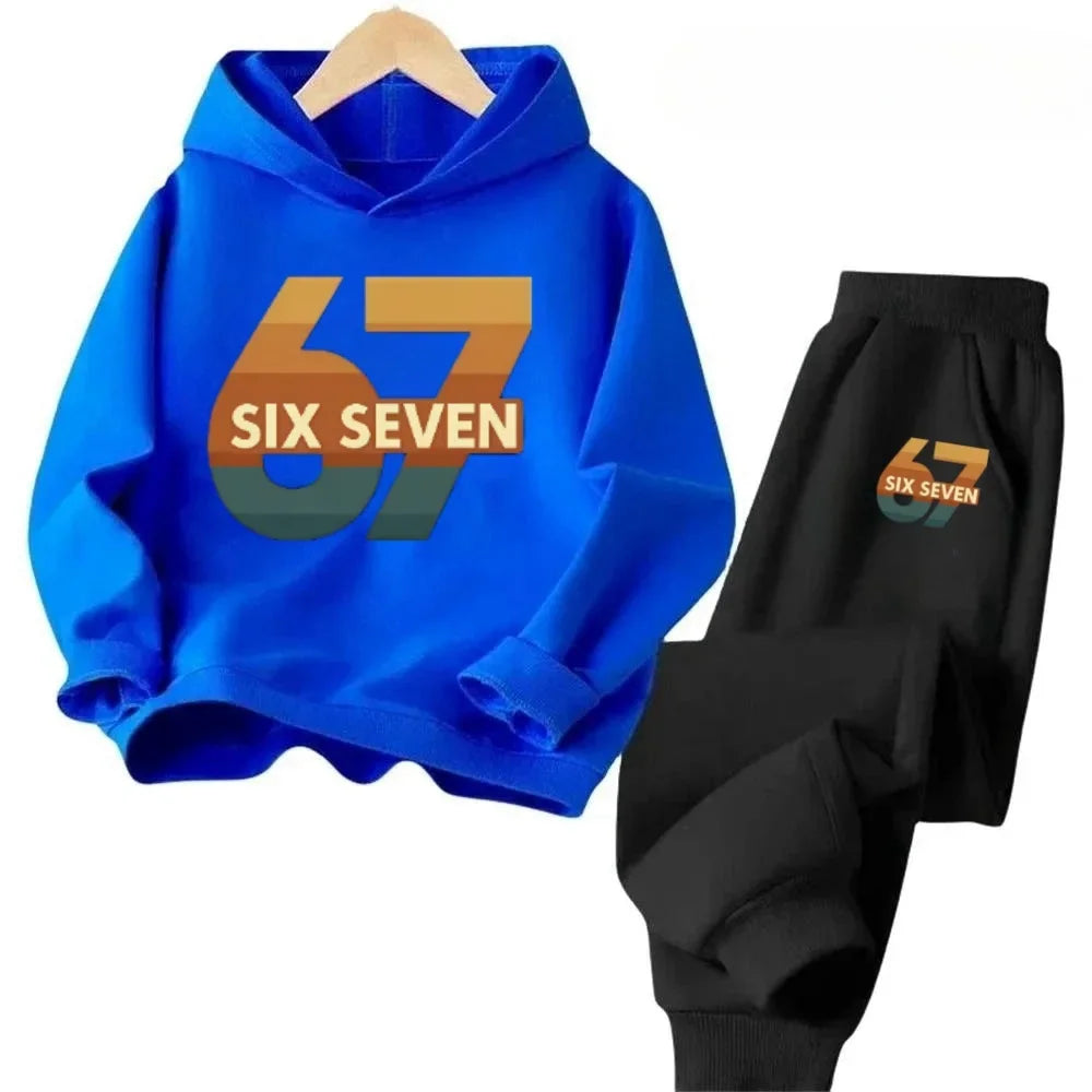 New 67 pattern printed hooded sweatshirt with sweatpants for autumn and winter, comfortable and loose 2-piece set for children