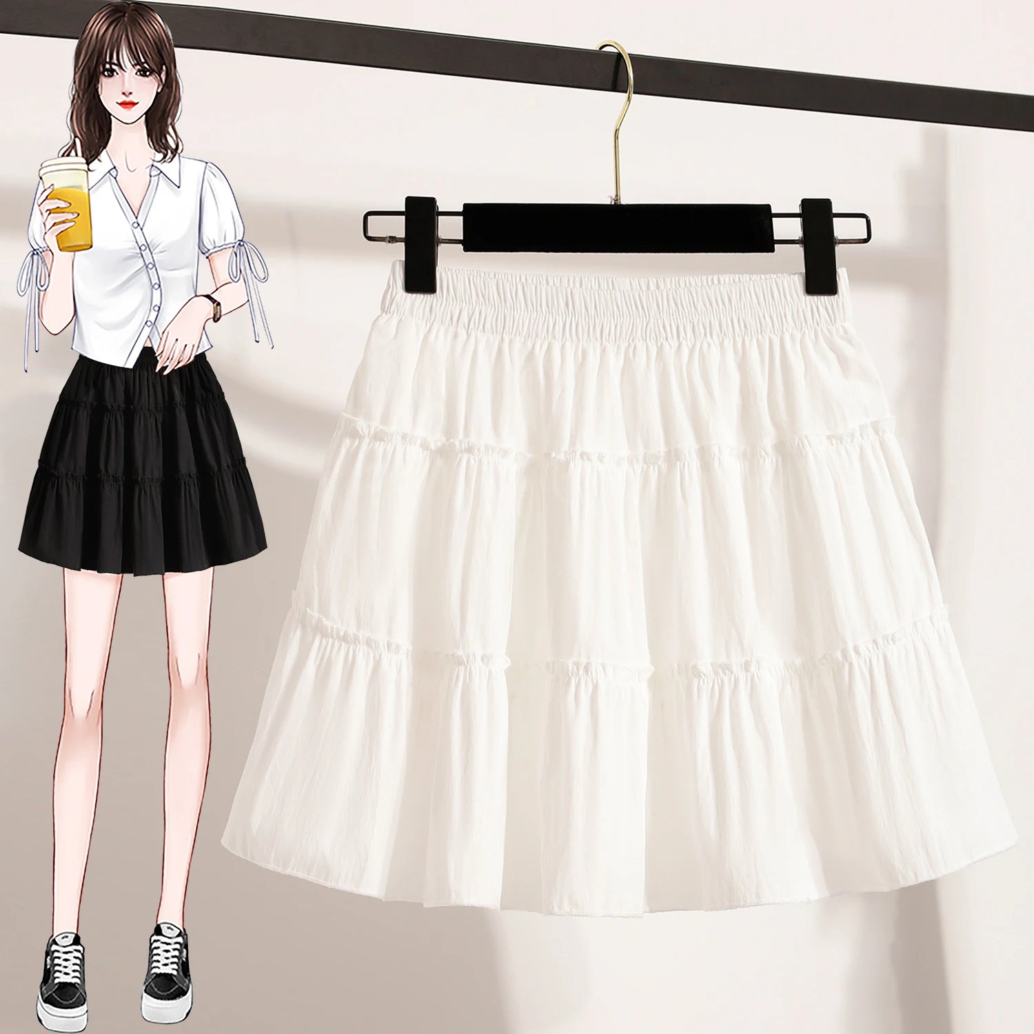 Plus Size Mini Skirt Women Summer 2025 New Arrival High Elastic Waist A Line Skirt With Lining Korean Style Black Or White Skirt
