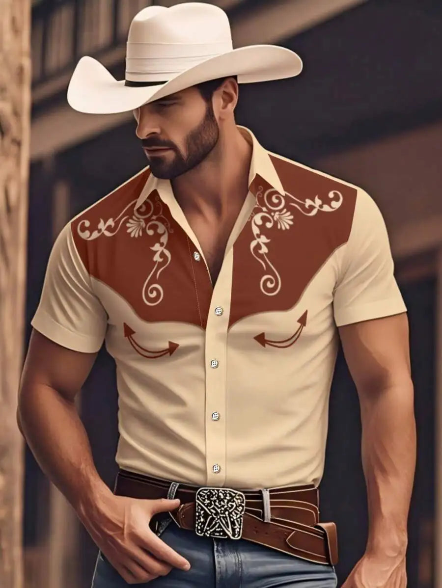 Men's Western-Style Short Sleeve Shirt with Floral Embroidery Pattern