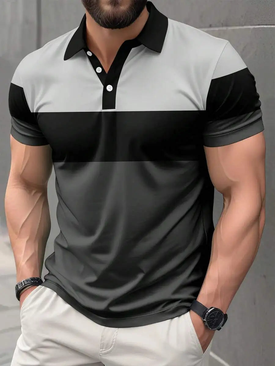 Men's Color-Block Short Sleeve Polo Shirt - Beige, Black & Brown, Casual Summer Wear