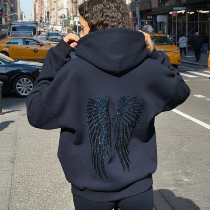 Y2K Retro Wings Sequin Hoodie Angel Wings Ornament Sweatshirt Harajuku Sweet Lady Casual Streetwear Relaxed Fit Pullover Coat