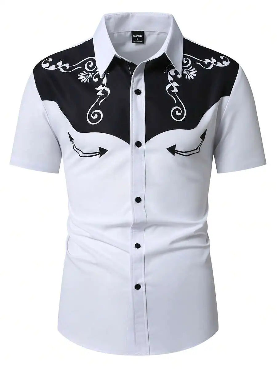 Men's Western-Style Short Sleeve Shirt with Floral Embroidery Pattern