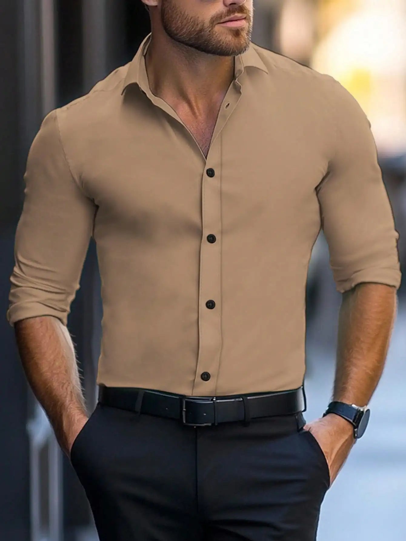 Men's Solid White Long Sleeve Single-Breasted Casual Commuter Shirt