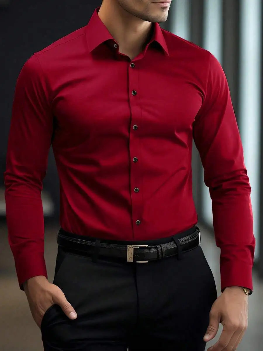 Men's Solid White Long Sleeve Single-Breasted Casual Commuter Shirt