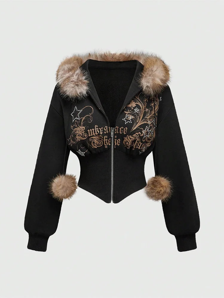 Winter Warm Gothic Print Hoodie Women's Faux Fur Crop Top Zip-Up Sweatshirt Fashion Y2K Streetwear Hooded Jacket 2026 New