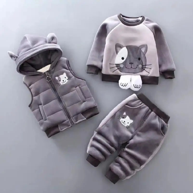 Baby Boys Sets Autumn Winter Thick Fleece Cartoon Bear Hooded Vest Coat Pants 3Pcs for Kids Casual Outfits Girls Warm Suit 0-5Y