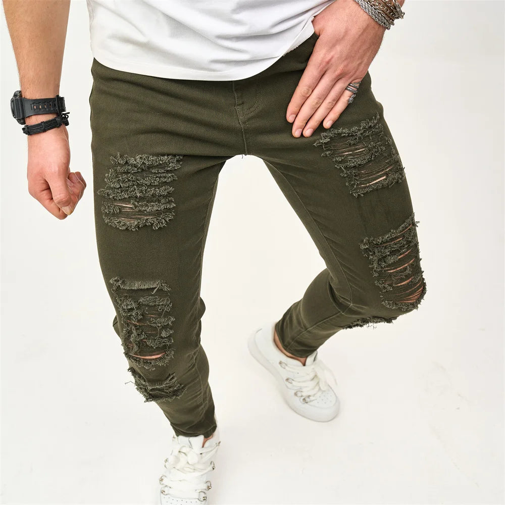 Street style Men Skinny Holes Beggar Jeans Good Quality Men's Distressed Stretch Slim Jogging Pencil Denim Pants Male Trousers