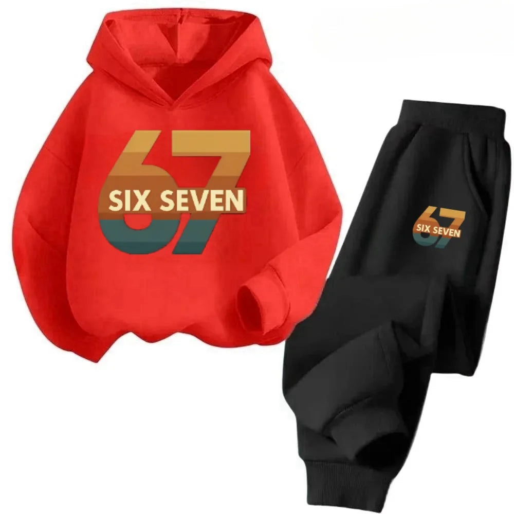 New 67 pattern printed hooded sweatshirt with sweatpants for autumn and winter, comfortable and loose 2-piece set for children