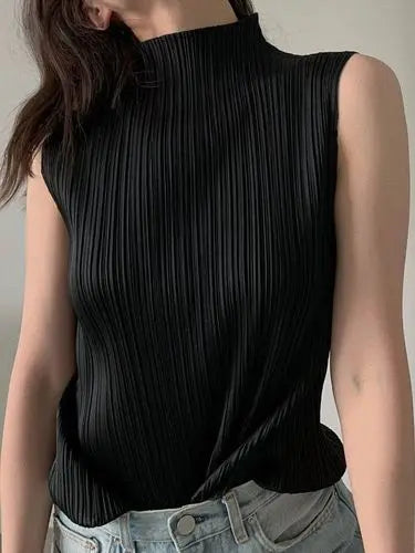 Miyake Pleated Elegant Fashion Temperament Solid Color Half High Neck Sleeveless Women's Vest 2025 Summer New Breathable Top