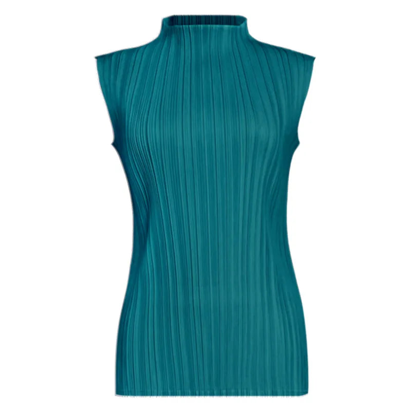 Miyake Pleated Elegant Fashion Temperament Solid Color Half High Neck Sleeveless Women's Vest 2025 Summer New Breathable Top
