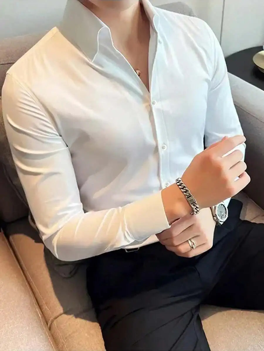 Men's Solid White Long Sleeve Single-Breasted Casual Commuter Shirt