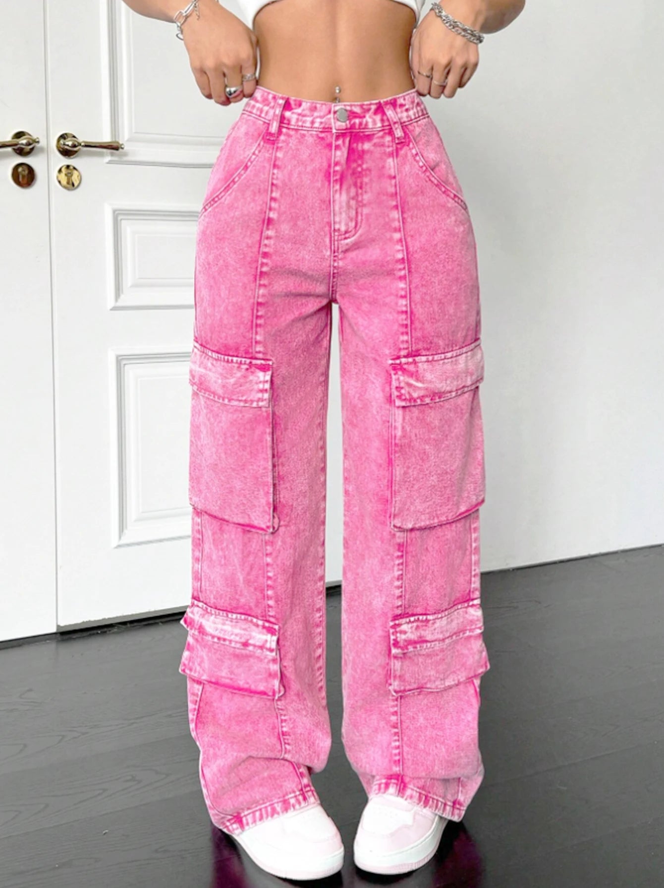 Pink cotton women's wide-leg loose-fitting jeans, multi-pocket Y2K style pink fashionable jeans
