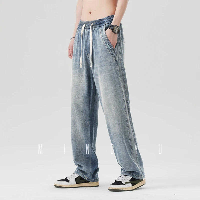 High Quality Spring Summer Lyocell Fabric Men's Jeans Loose Straight Denim Pants Design Blue Casual Trousers Plus Size M-5XL