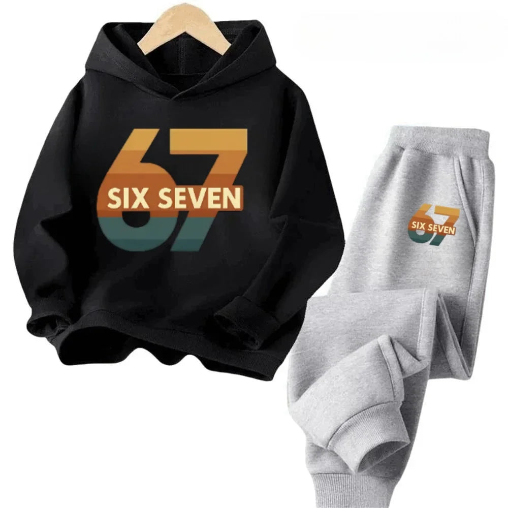 New 67 pattern printed hooded sweatshirt with sweatpants for autumn and winter, comfortable and loose 2-piece set for children
