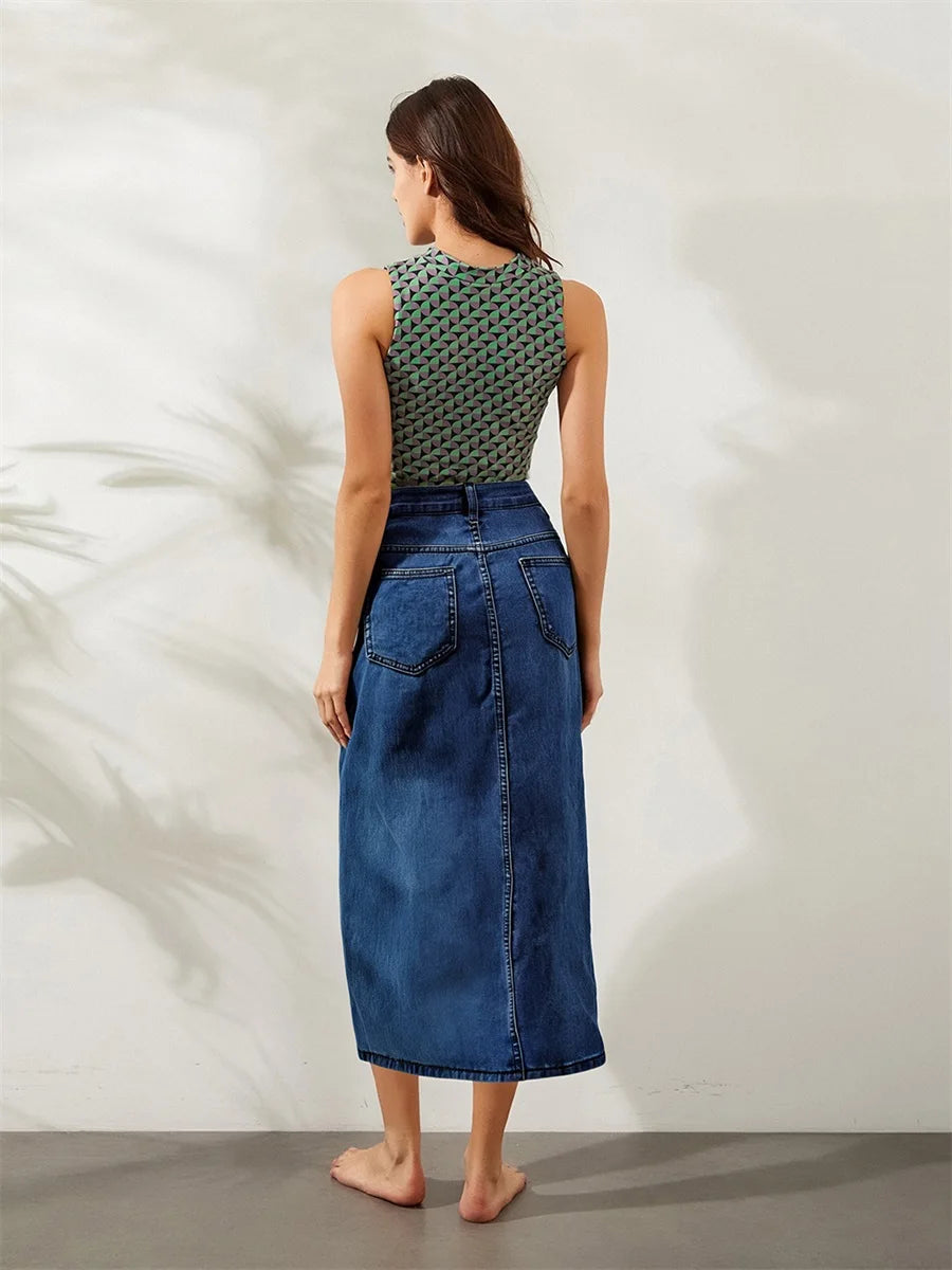 Women s Distressed Denim Skirt with Frayed Hem High Waist Pencil Long Jean Skirt Casual Streetwear for Summer and Spring