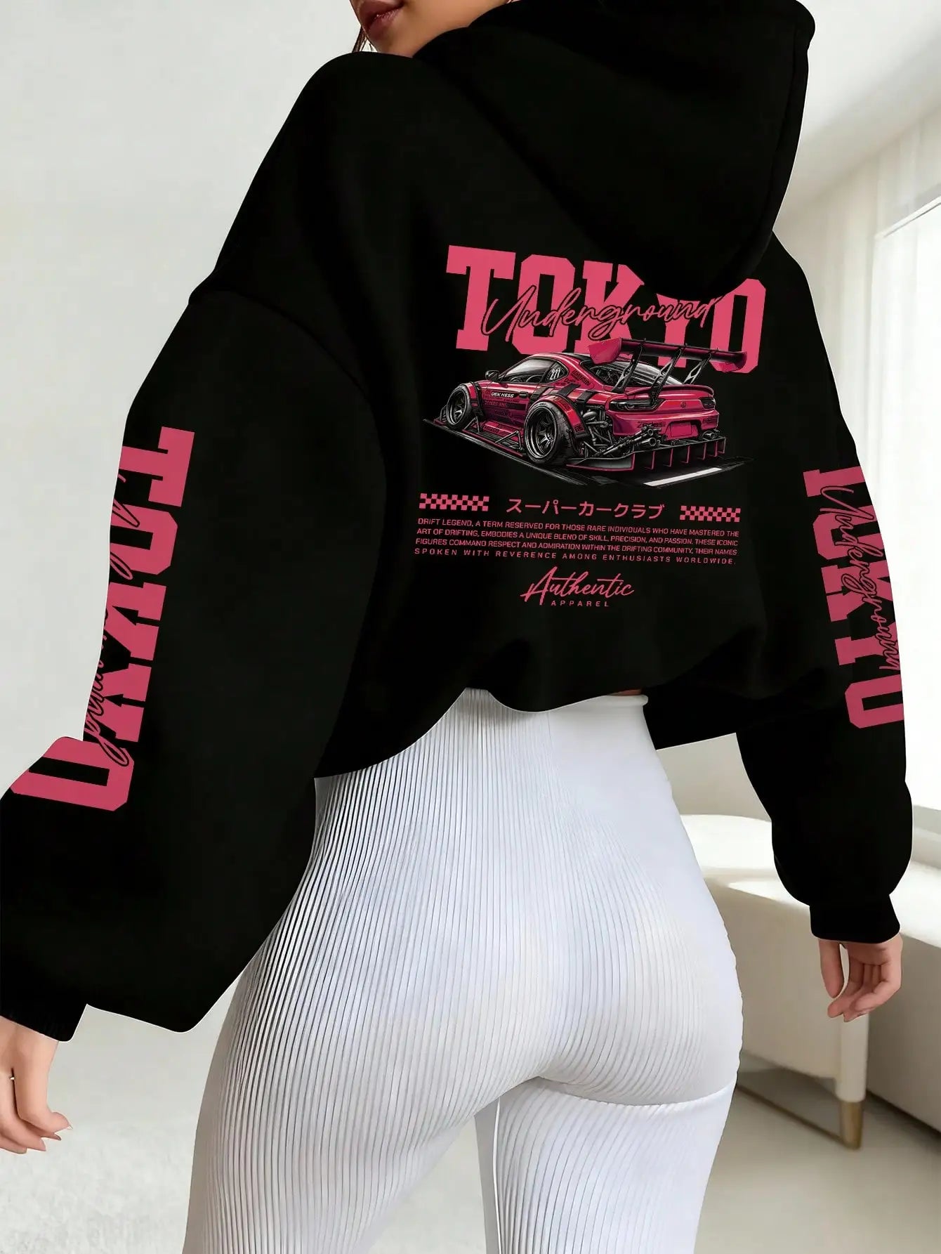 Women's Cropped Hoodie with Bold Letter & Race Car Graphic Print, Loose Fit, Winter Warm