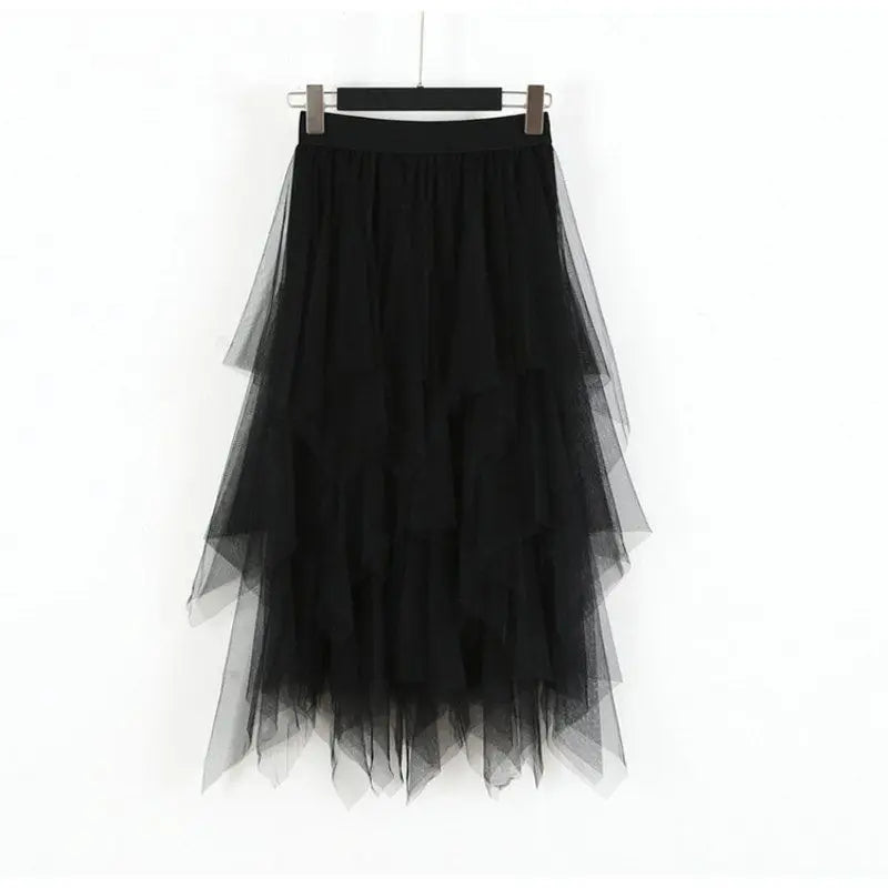 Irregular Mesh Splicing Half Skirt High Waist Mid Length Fairy Skirt, Sweet Versatile Over The Knee Long Skirt For Women
